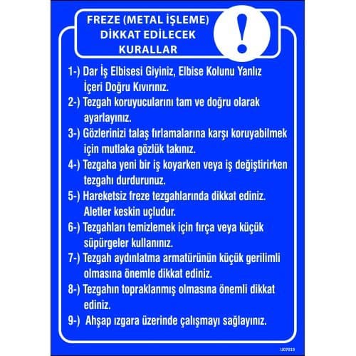 Freze (Metal İşleme) Dikkat Edilecek Kurallar Levhası 25x35 cm