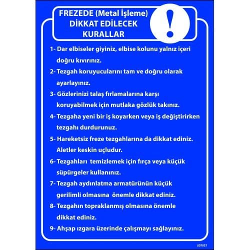 Frezede (Metal İşleme) Dikkat Edilecek Kurallar  Levhası 25x35 cm