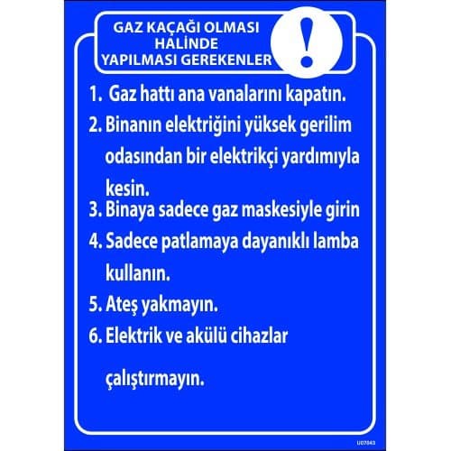 Gaz Kaçağı Olması Halinde Yapılması Gerekenler Levhası 25x35 cm